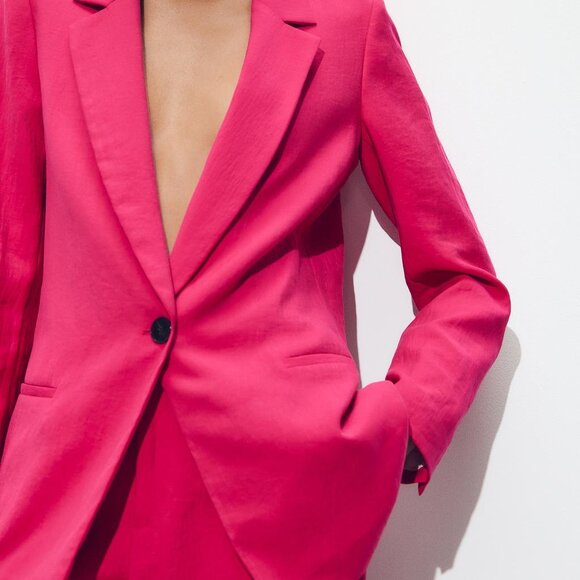 Zara Fuchsia Pink Crinkled Effect Blazer Size Small NWT - Picture 13 of 13